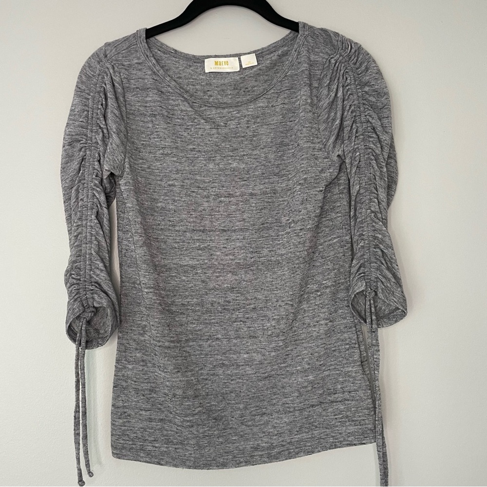 Anthropologie Maeve Silver Gray Drawstring Tie Sleeve Top